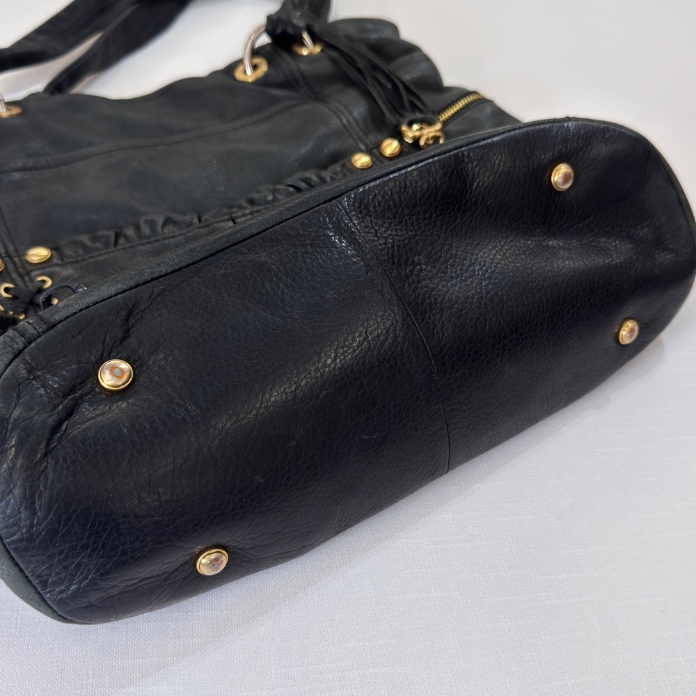 B. Makowsky Black Leather Shoulder Bag Lace Up Tassel Gold Hardware Tote - Picture 5 of 12